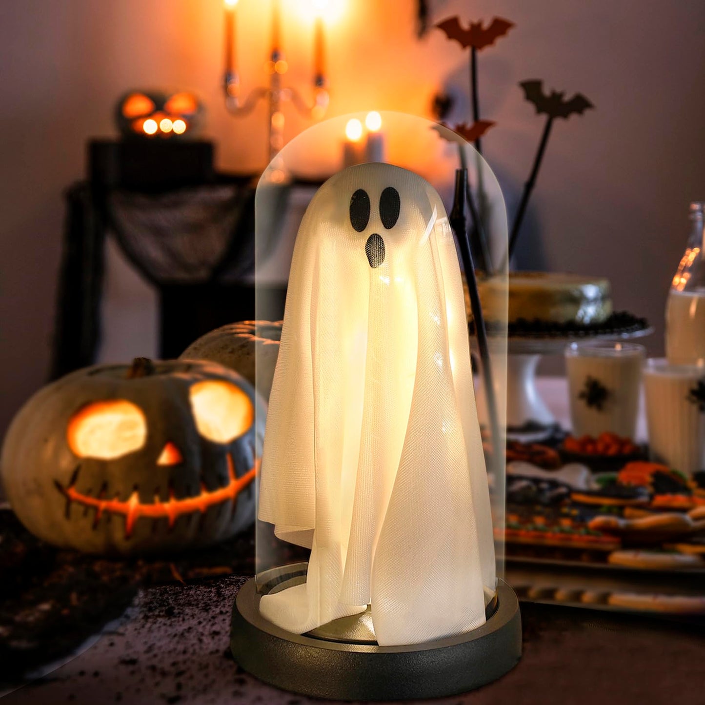 Halloween Decor-Halloween Decorations Indoor-Light Up Ghost in Glass Cloche-Cute Ghost with Light for Home Kitchen Mantel Tabletop Party Decor and Holiday Decorations