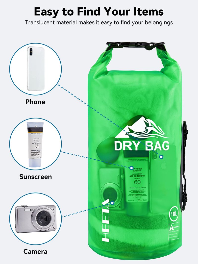 HEETA Dry Bag Waterproof for Women Men, Roll Top Lightweight Dry Storage Bag Backpack with Phone Case for Travel Swimming Boating Kayaking Paddle Board Camping Beach Accessories (Green, 40L)