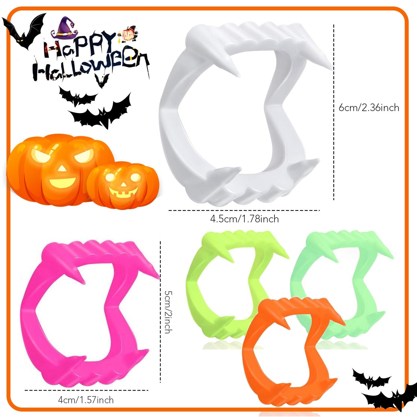 Boao 15 Pcs Halloween Vampire Teeth Bulk Plastic Vampire Fangs Bright Color Fake Teeth Cosplay Costume Accessories for Boys and Girls Halloween Party Favors Supplies