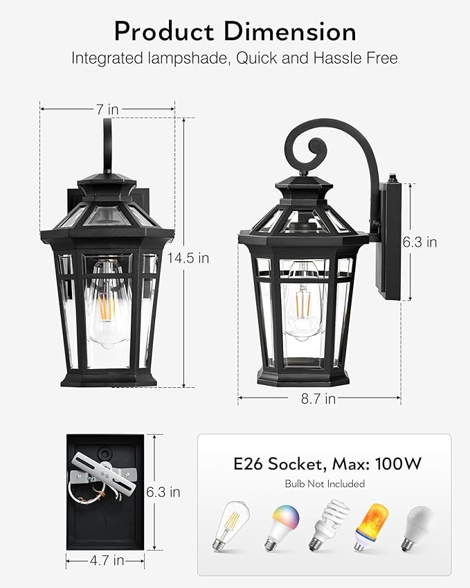 Outdoor Light Fixtures Wall Mount, Black Exterior Sconce Lights Waterproof, Dusk to Dawn Porch Light with Beveled Glass, 100% Aluminum Outdoor Wall Lantern for Garage, Outside Lights for Patio