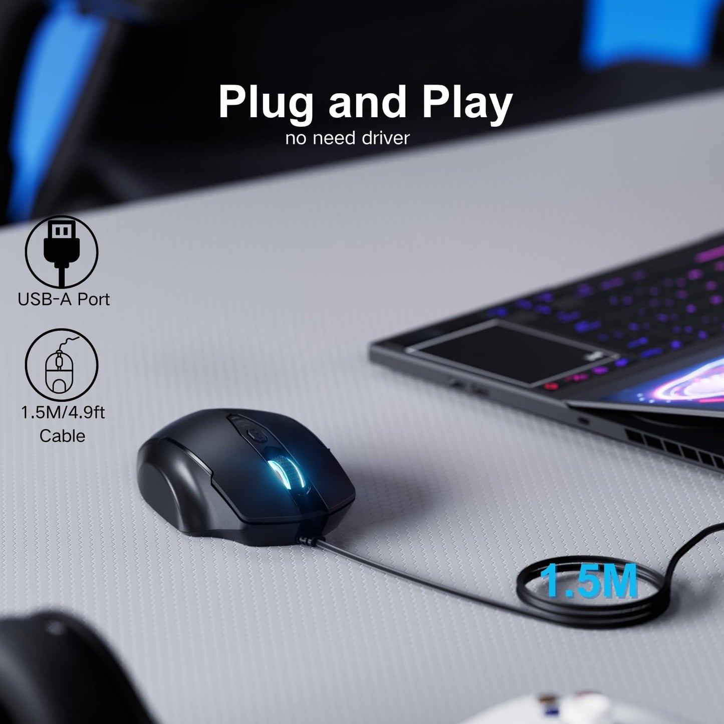 Uineer Wired Mouse, USB wired mouse with 6 Buttons Ergonomic design,1.5M USB Cable Computer Mouse Gaming 7200DPI Optical Mice for PC Laptop, Matte Black
