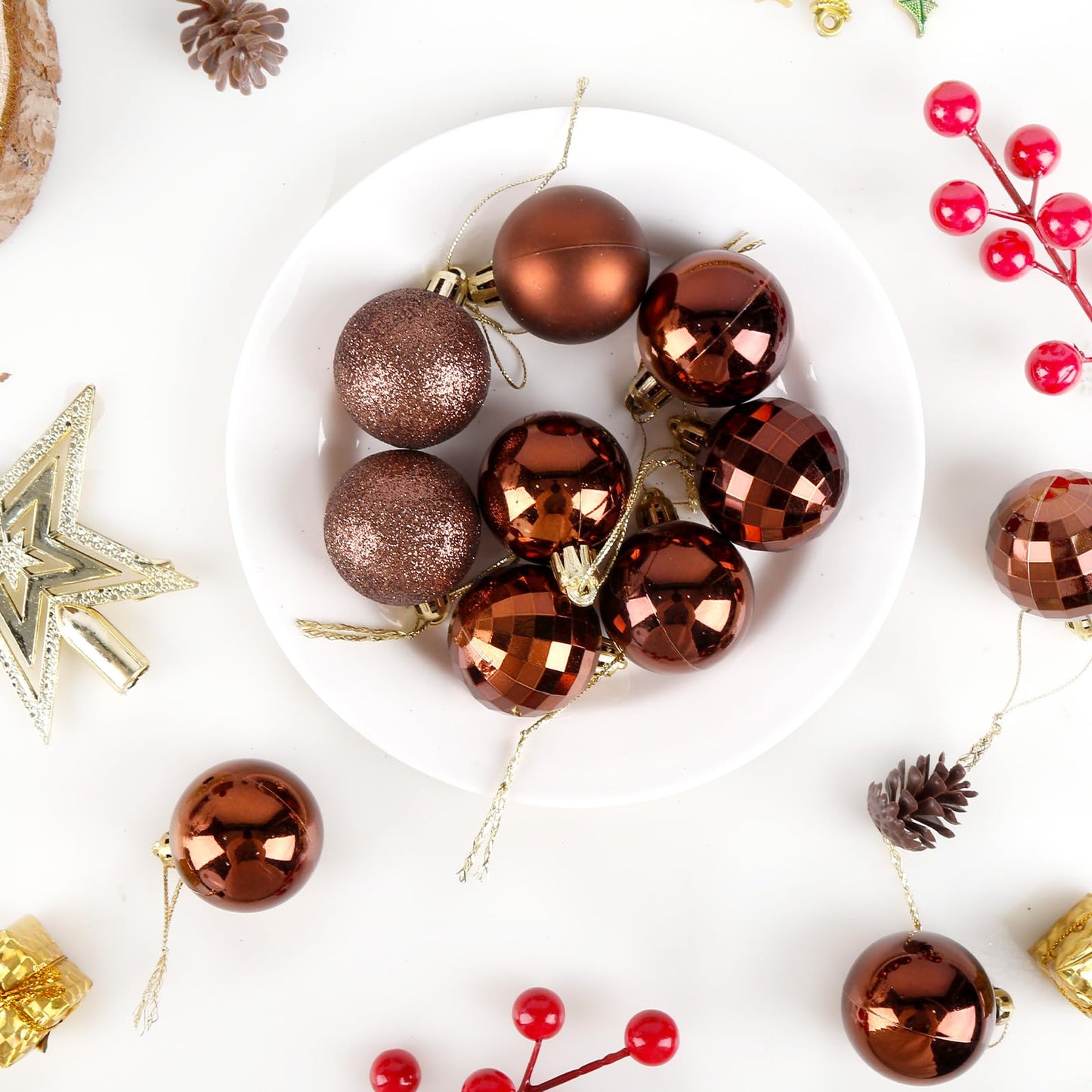 Aitsite 24ct Christmas Tree Ornaments Set 1.57 inches Mini Shatterproof Holiday Ornaments Balls for Christmas Decorations (Brown)