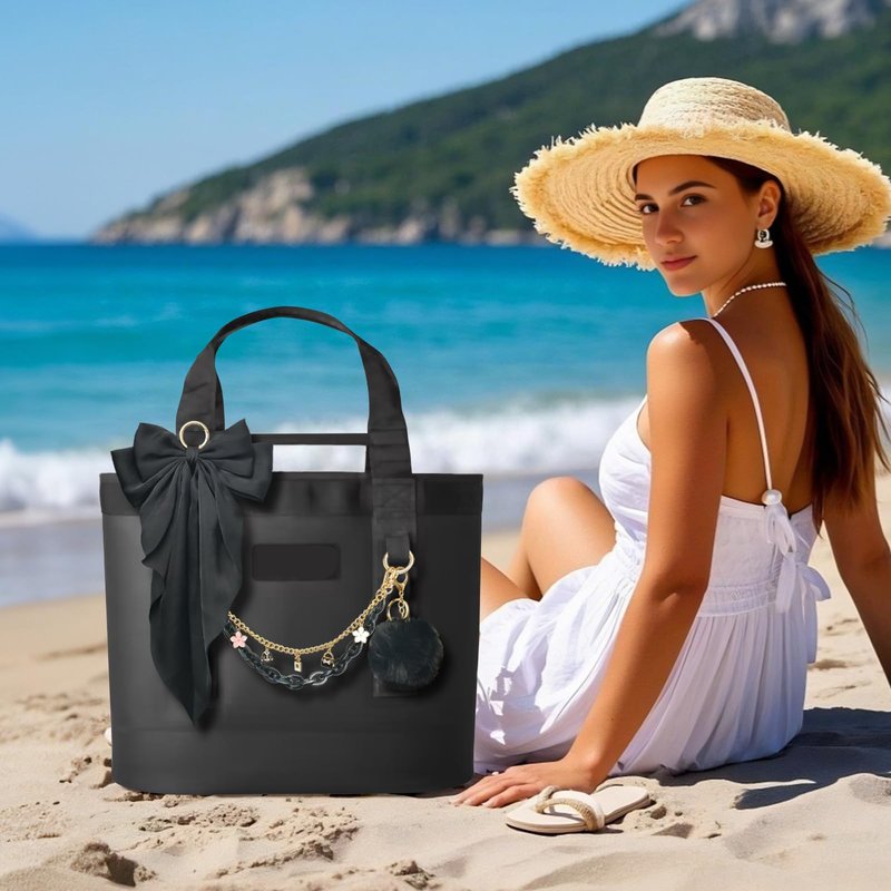 Kaitiaki 4PCS Tote Bag Decor Kit, Decorative Bow & Pom Pom Accessories, Compatible with YETI Camino 20/35/50 Carryall, Bogg Beach Tote Bags (Black)