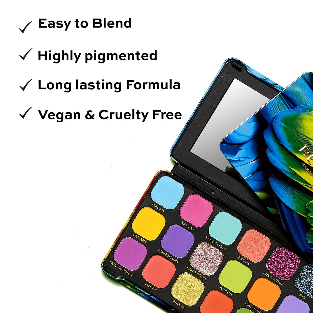 Revolution Beauty, Forever Flawless Eyeshadow Palette, 18 Pigmented Shades, Vibrant Pressed Powder Mattes, Shimmers, Glitters, Bird of Paradise, 15 X 0.04 Oz.