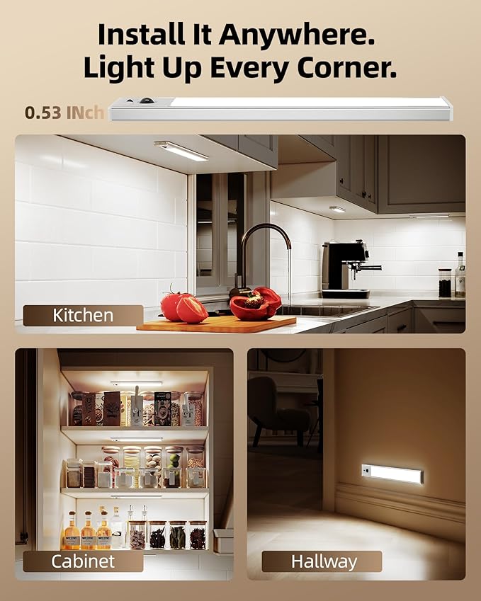 EZVALO 3 Pack Under Cabinet Lighting, 3200mAh Rechargeable Motion Sensor Light, 12inch Magnetic Closet Lights with Dimmable & 3 Color Temps, Wireless Motion Activated Lights with Remote for Kitchen