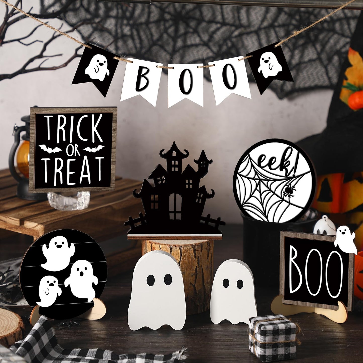 Umigy 15 Pcs Halloween Tiered Tray Decor Set Cute Ghost Tray Decorations Boo Halloween Wooden Signs Farmhouse Rustic Decoration for Home Table Party Supplies(Ghost)