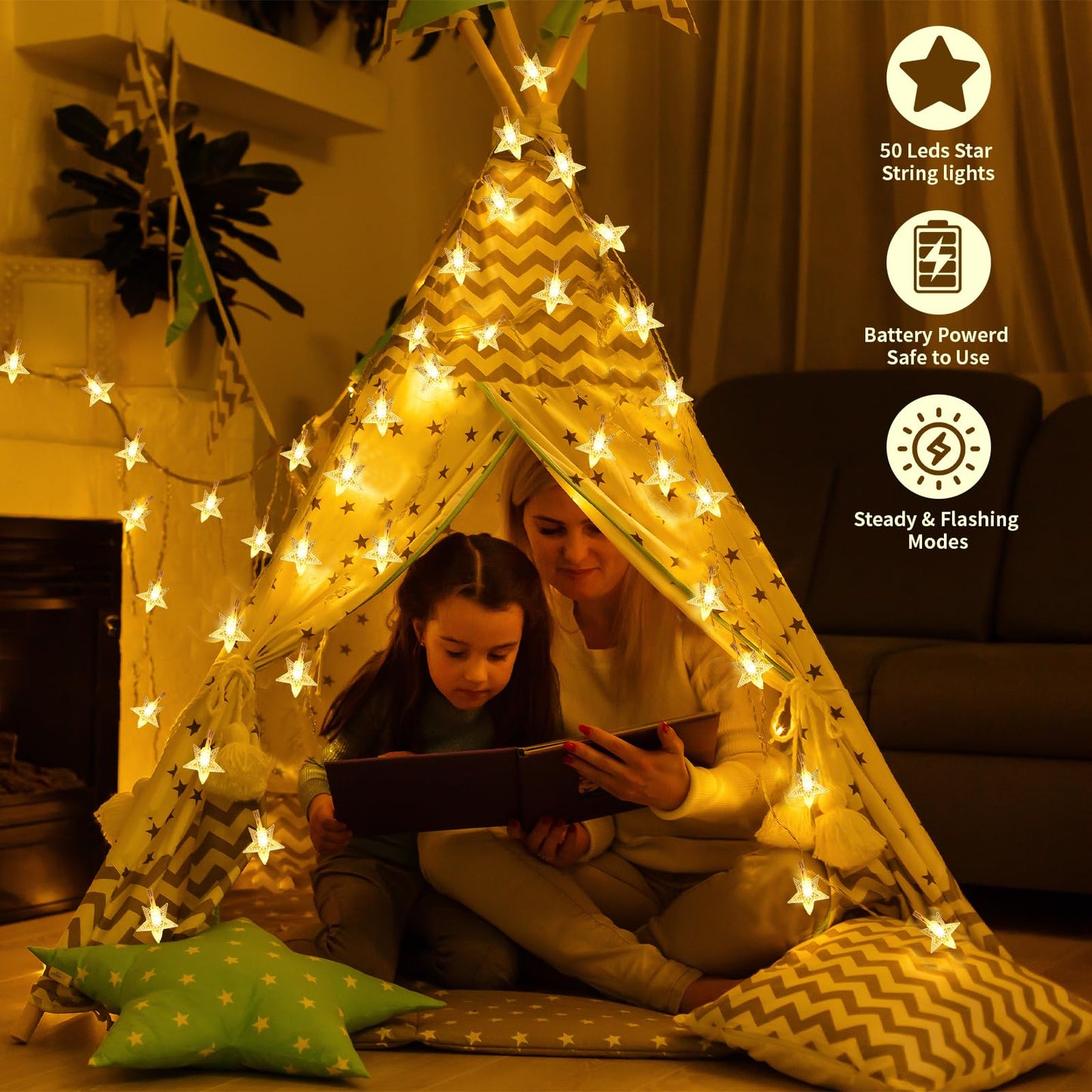 Yoitomehy Star String Lights Battery Operated, 17 ft 50 LEDs, Christmas Fairy Lights, String Lights Battery Powered for Kids Bedroom Wedding Mantel Patio Dorm Decor, Warm White