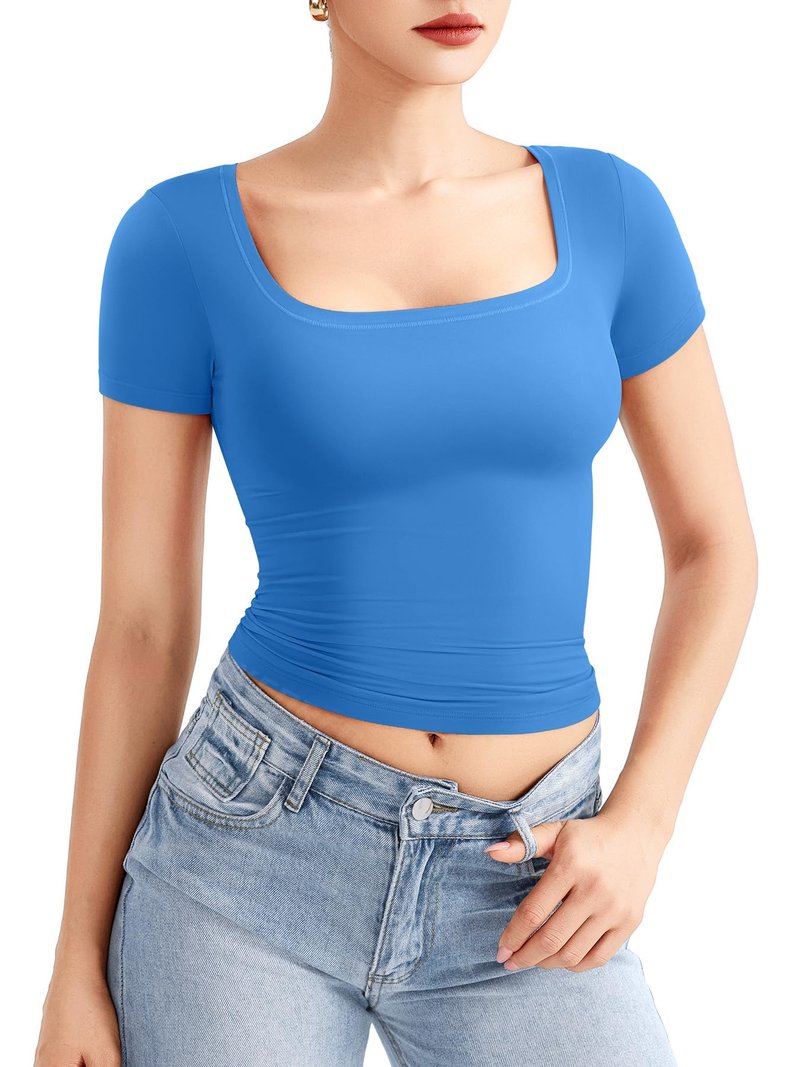 YEOREO Womens Tops Short Sleeve Going Out T Shirts Scoop Neck Slim Fit Double Lined Pattiy Crop Tops Sea Blue M