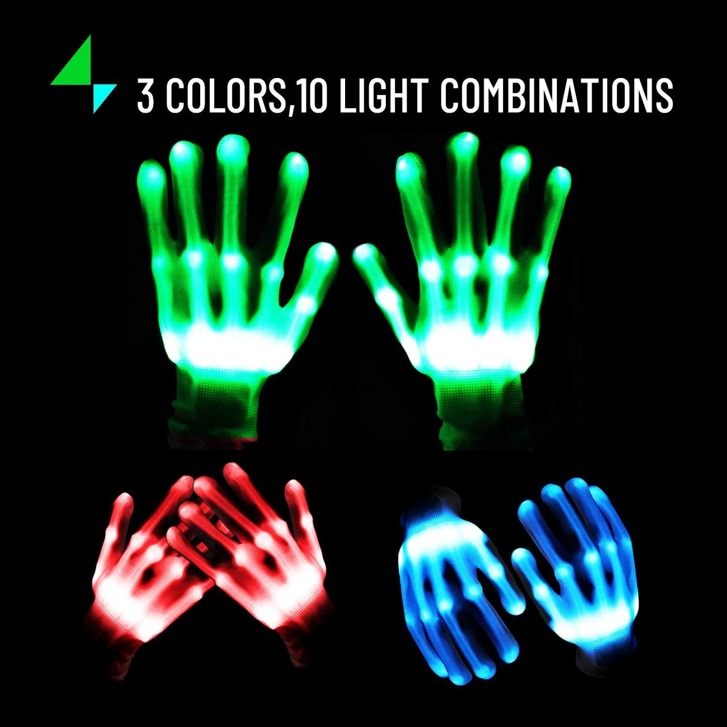 UWEIDOIT LED Gloves, Flash Finger Lights - 3 Colors, 10 Modes, Glowing Christmas Costume, Clubbing Party Favors & Toys for Boys & Girls
