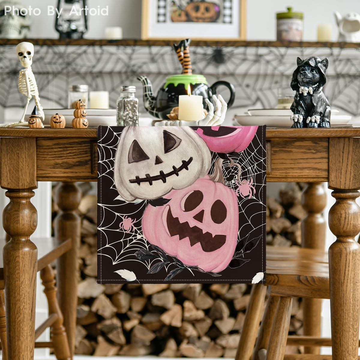Artoid Mode Pink Pumpkins Spider Web Halloween Table Runner, Seasonal Fall Black Kitchen Dining Table Decoration for Home Party Decor 13x72 Inch