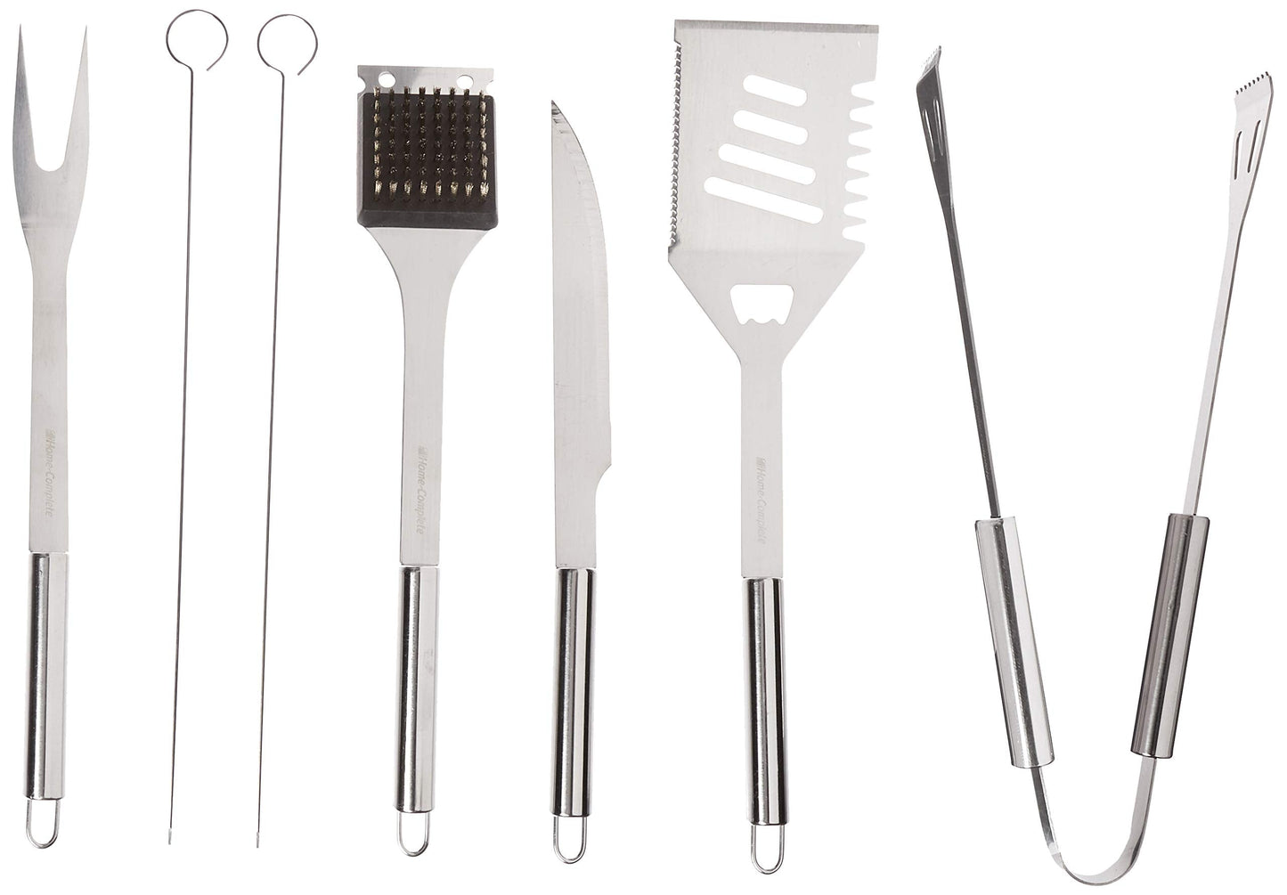 Home-Complete HC-1004 7 Grill Tool Kit-Stainless Steel BBQ Accessories Kitchen Set with Spatula, Tongs, Fork, Knife, Brush, Skewers, and Case, 8-Piece Travel, Silver