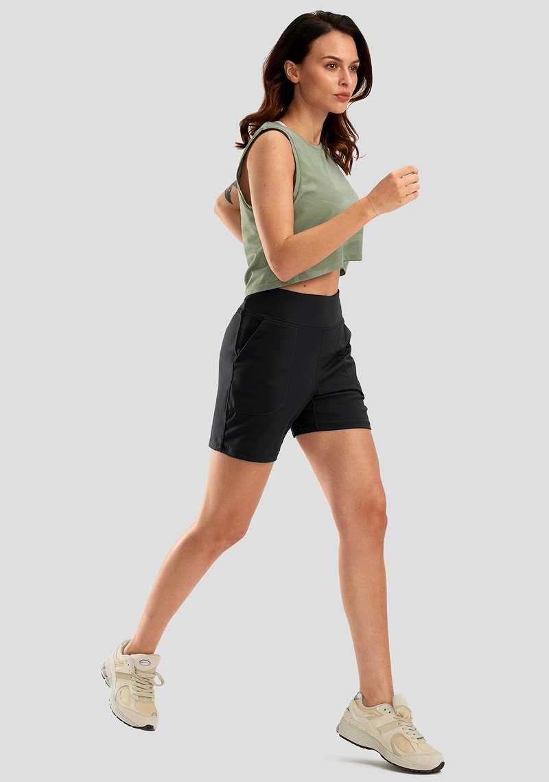 SANTINY Women's 6'' Athletic Long Shorts with 4 Pockets High Waisted Bermuda Shorts for Women Walking Running Casual (Black_L)