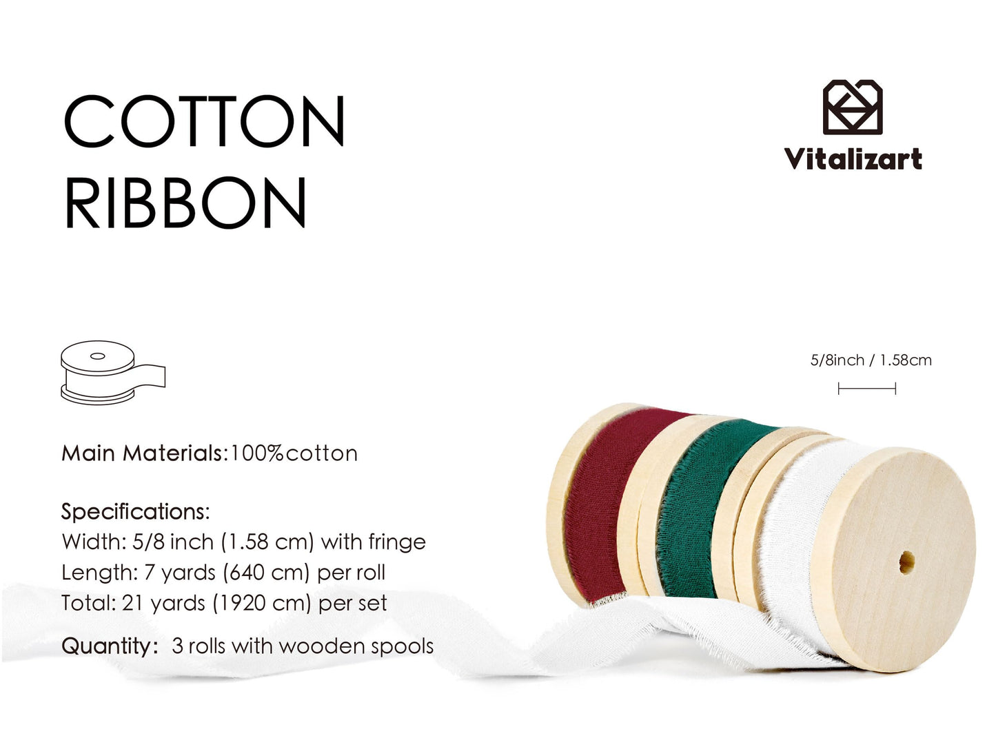 Vitalizart Christmas Ribbon Cotton Handmade Fringe 5/8" x 21 Yd Pure Natural Cotton Ribbons for Gift Wrapping Wedding Invites Bridal Shower Bouquets Holiday Decor