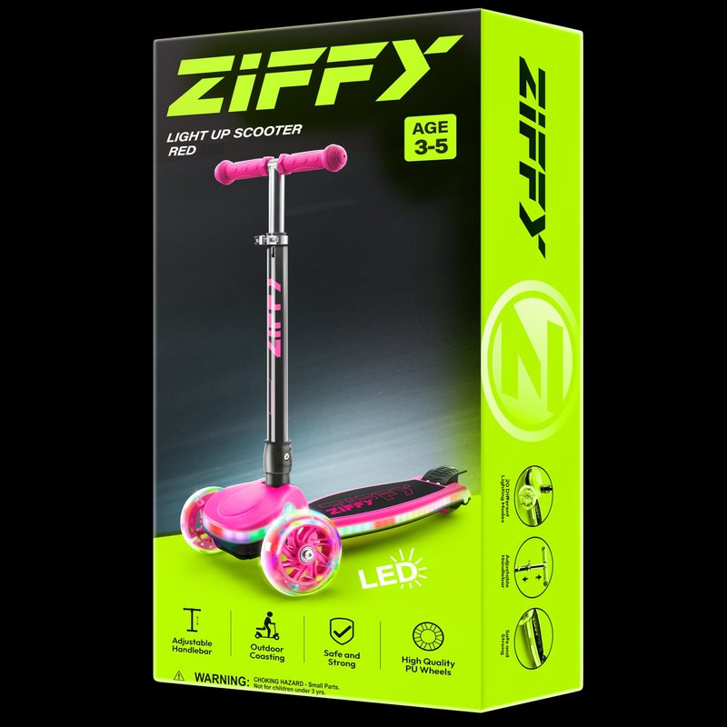 JOVA ZIFFY Kids Scooter for Boys & Girls LED Light-Up Wheels, 4 Adjustable Height Handlebars, and Lean-to-Steer Design with Anti-Slip Wide Surface for Stability - Up to 110LBS(Red)