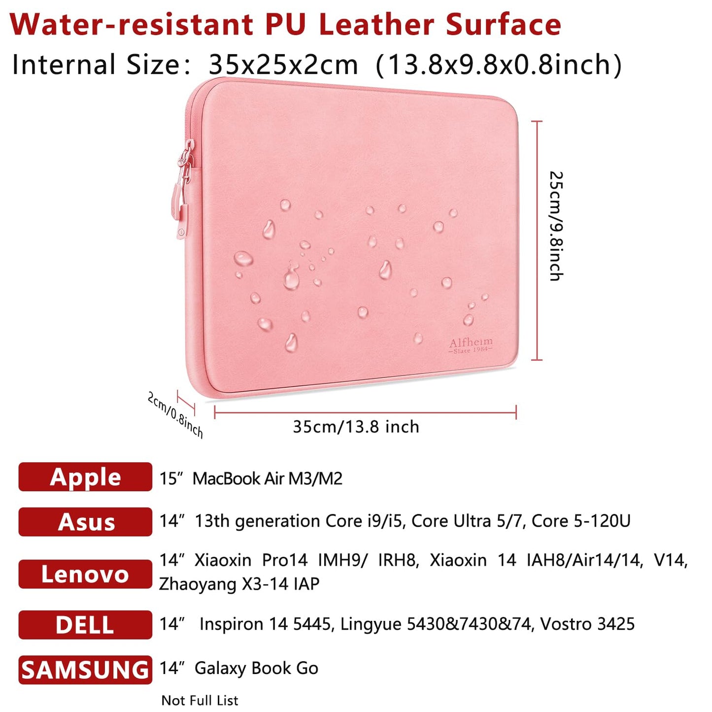 Alfheim Laptop Sleeve Case 14 inch, Waterproof Shock Resistant Fashion Lightweight PU Leather Bag Case for Notebook Tablet iPad(Pink)