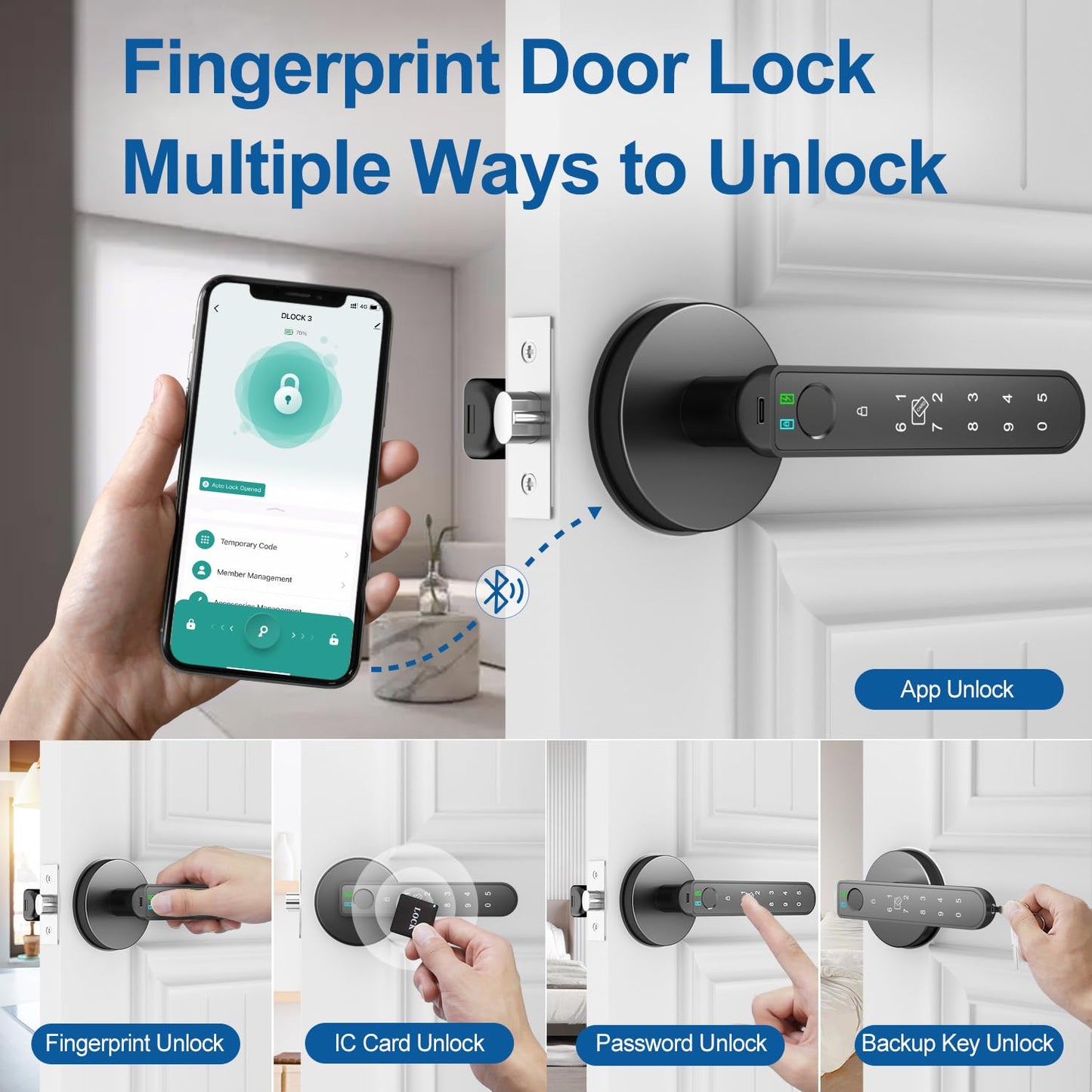 BIWIBON Smart Door Knob - 5 in 1 with Smart APP, IC Cards, Password, Backup Keys - Fingerprint Door Knob with Keypad for Bedroom, Office, Apartment - Black, 3 Pack