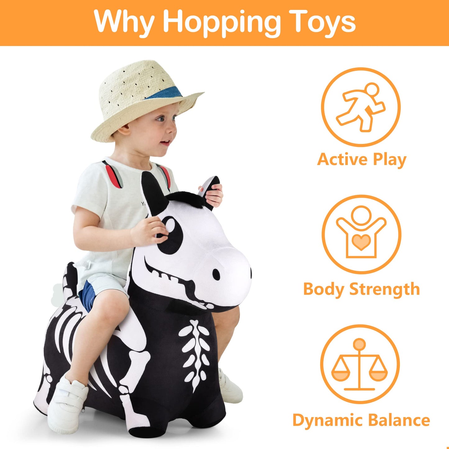 iPlay, iLearn Bouncy Pals Skeleton Hopping Horse, Toddler Bouncing Animal Toys, Inflatable Plush Bounce Hopper, Kid Indoor Ride On Bouncer, Halloween Birthday Gifts 18 Months 2 3 4 5 Year Old Boy Girl