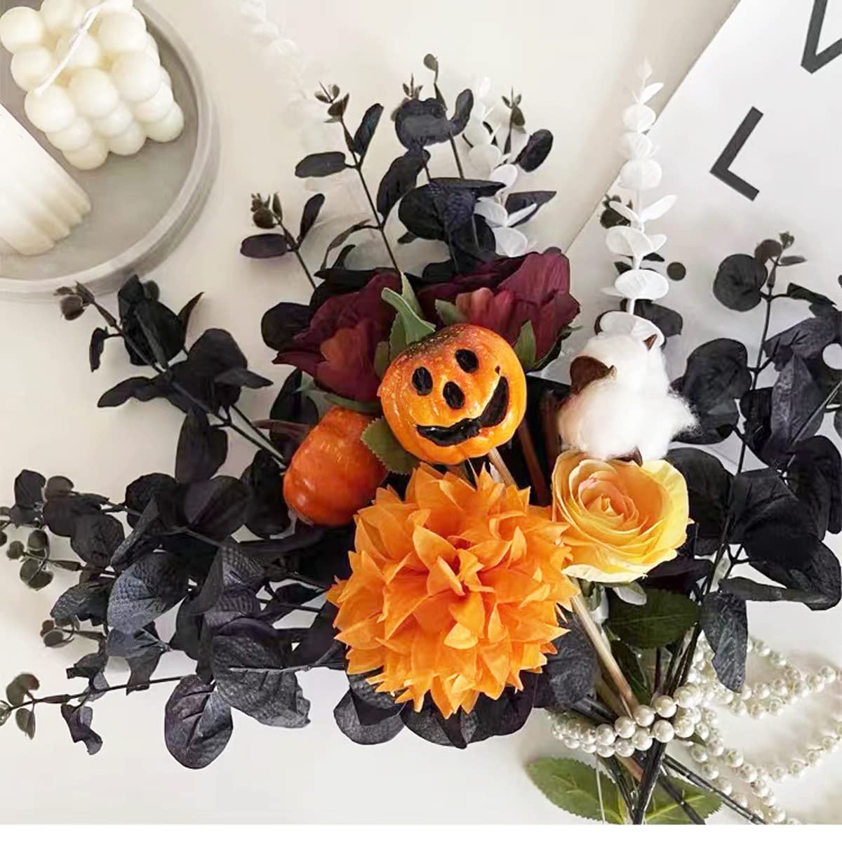Halloween Artificial Flower, Black Eucalyptus Stems Leaves Branches Fake Flower Arrangement Farmhouse Decor (Black) 6Pcs
