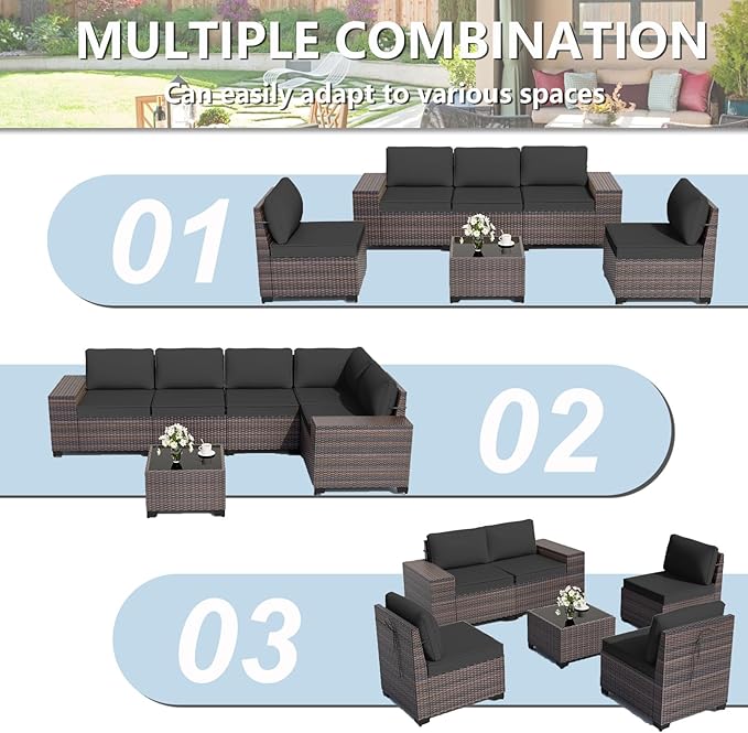 ALAULM 6 Pieces Patio Furniture Set, Oversized Seat/Armrest and High Back Wicker Sectional Furniture Set with Thick Cushion for Backyard, Garden, Black