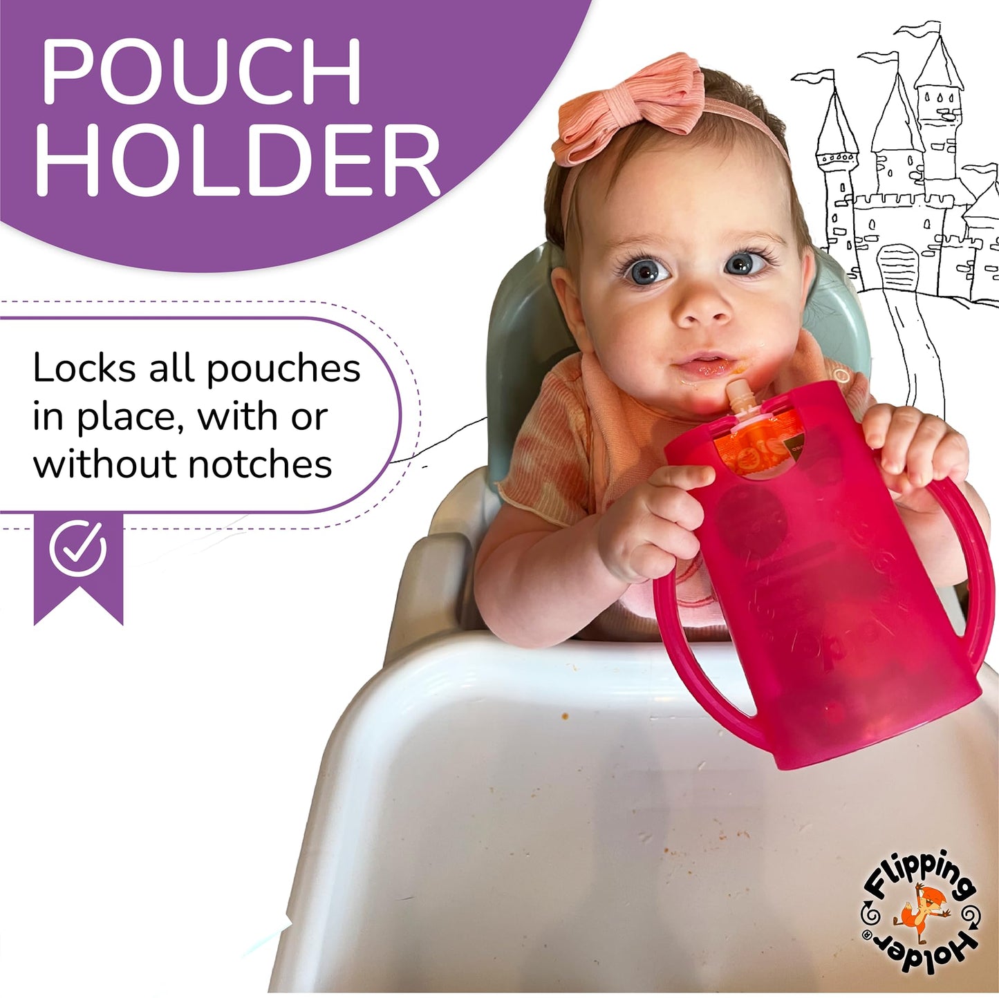 Flipping Holder 2-in-1 Baby Food Pouch & Juice Box Holder (2-pack) - No-Squeeze, Food-Safe Container with easy-grab Handles & Lid Fits GoGo, Capri Sun, Juice, Yogurt, & More