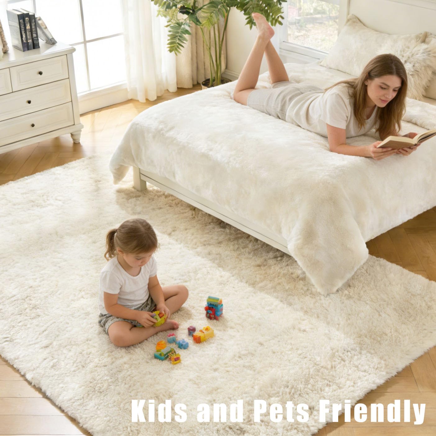 White Fluffy Area Rugs for Bedroom - 5x7 Soft Plush Shag Rug for Living Room Nursery Kids Room - Non Slip Fuzzy Shaggy Floor Carpets for Girls Boys Play Room Dorm Decor,Cream White