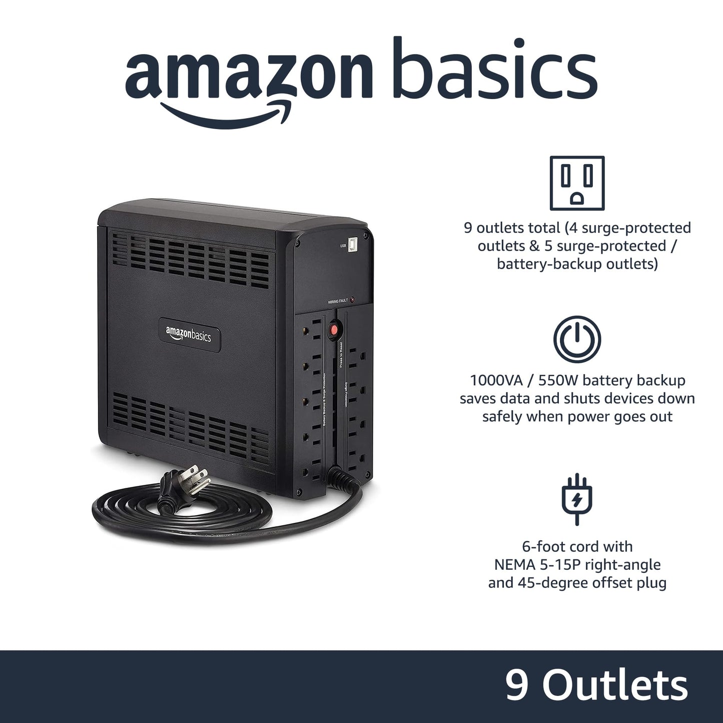 Amazon Basics UPS Battery Backup & Surge Protector 1000VA/550W, 9 Outlets, Line Interactive Uninterruptible Power Supply, for Power Outage Protection, Black