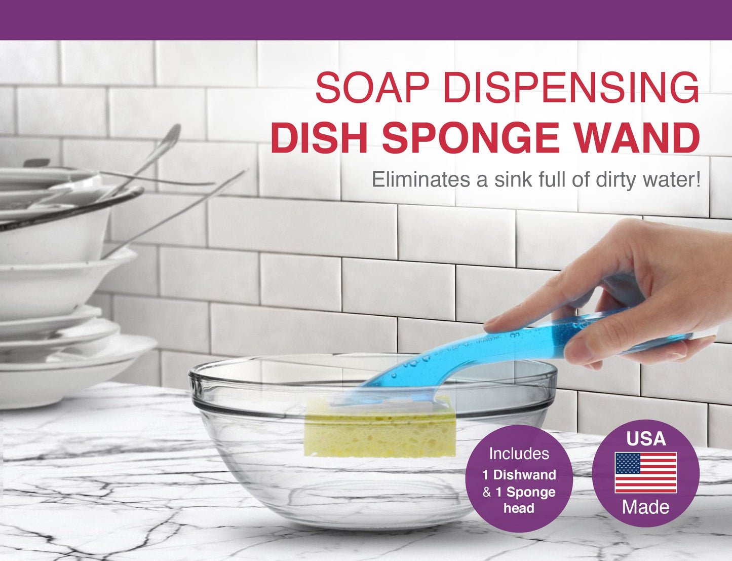Arrow Home Products Dish Sponge with Soap Dispenser Handle - Fillable Dish Wand for Quick, Convenient Cleaning - Made in the USA - Easy to Refill, Built-In Scrubber, Ideal for Dishes and Pans