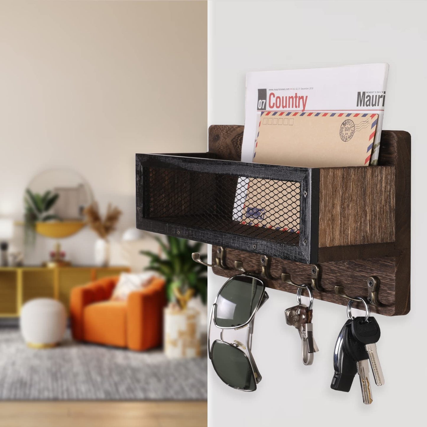 ADIIL Mail and Key Holder for Wall Decorative, Wooden Wall Mount Key Rack Hanger Organizer with 4 Double Key Hooks, Rustic Home Decor for Entryway Hallway, Brown