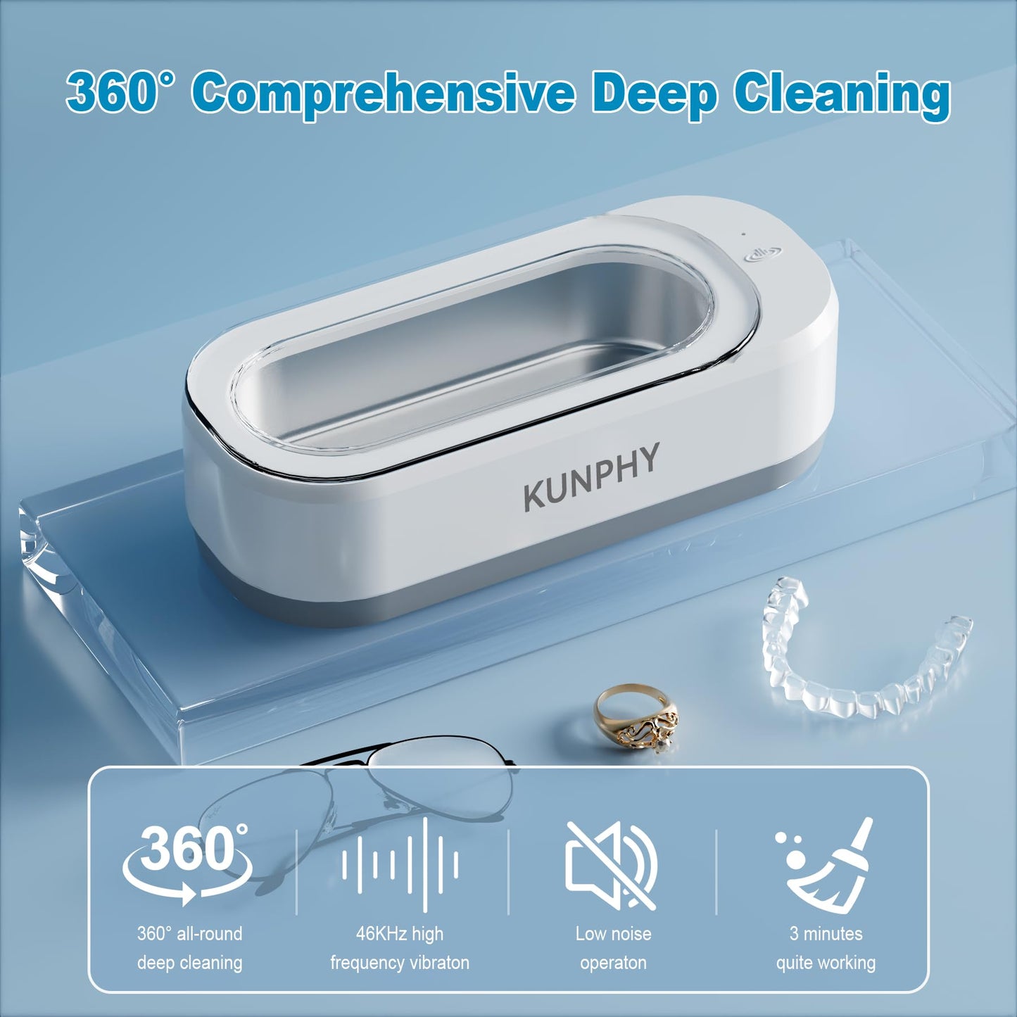 KUNPHY Ultrasonic Jewellery Cleaner, Ultrasonic Cleaner Machine 12oz 46KHz, Professional Sonic Cleaner with One-Touch Operation, Ultrasonic Cleaner for Rings, Glasses, Jewelry, Dentures