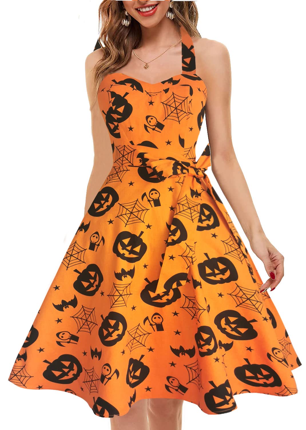 Topdress Women's Vintage Polka Audrey Dress 1950s Halter Retro Cocktail Dress Pumpkin L