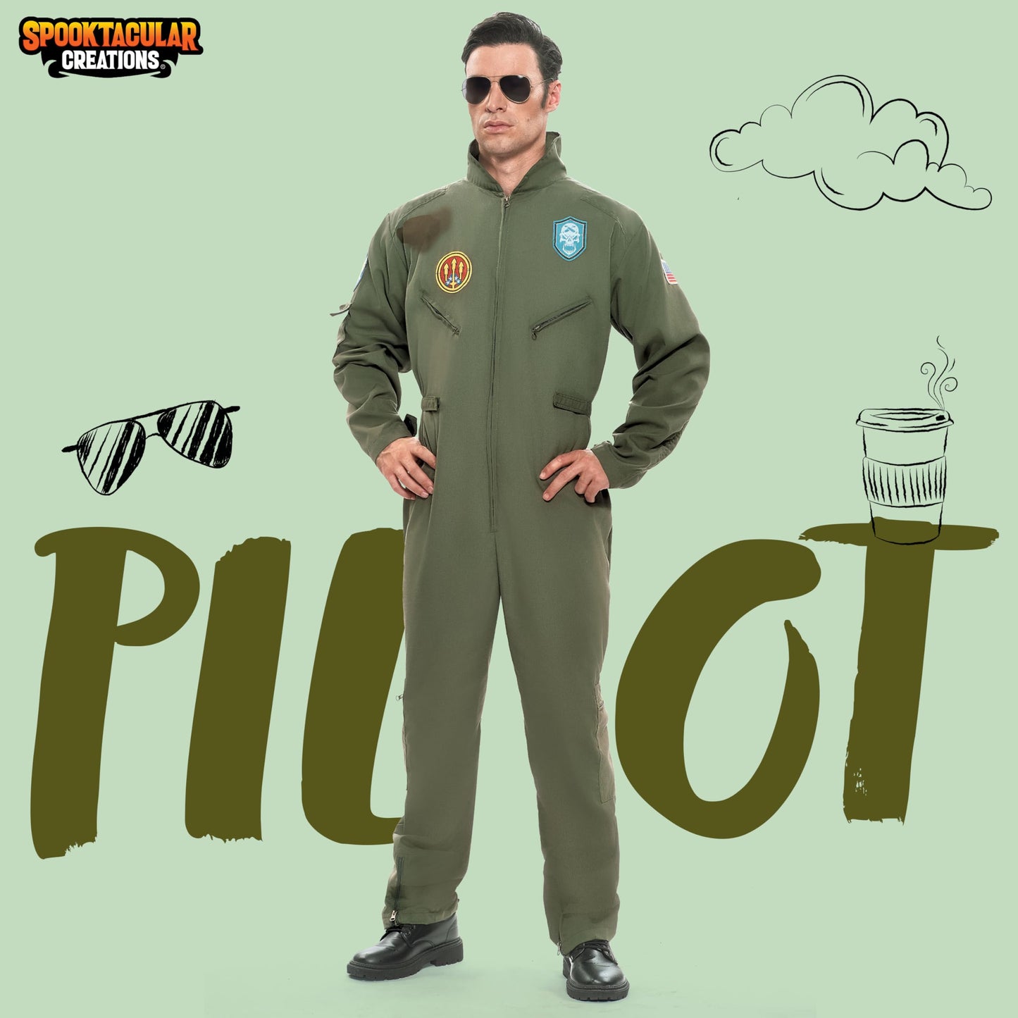 Spooktacular Creations Halloween Flight Suit Men, Fighter Pilot Costume Men for Adult Halloween Dress Up Party Cosplay, Role-Playing Cosplay Party (X-Large)