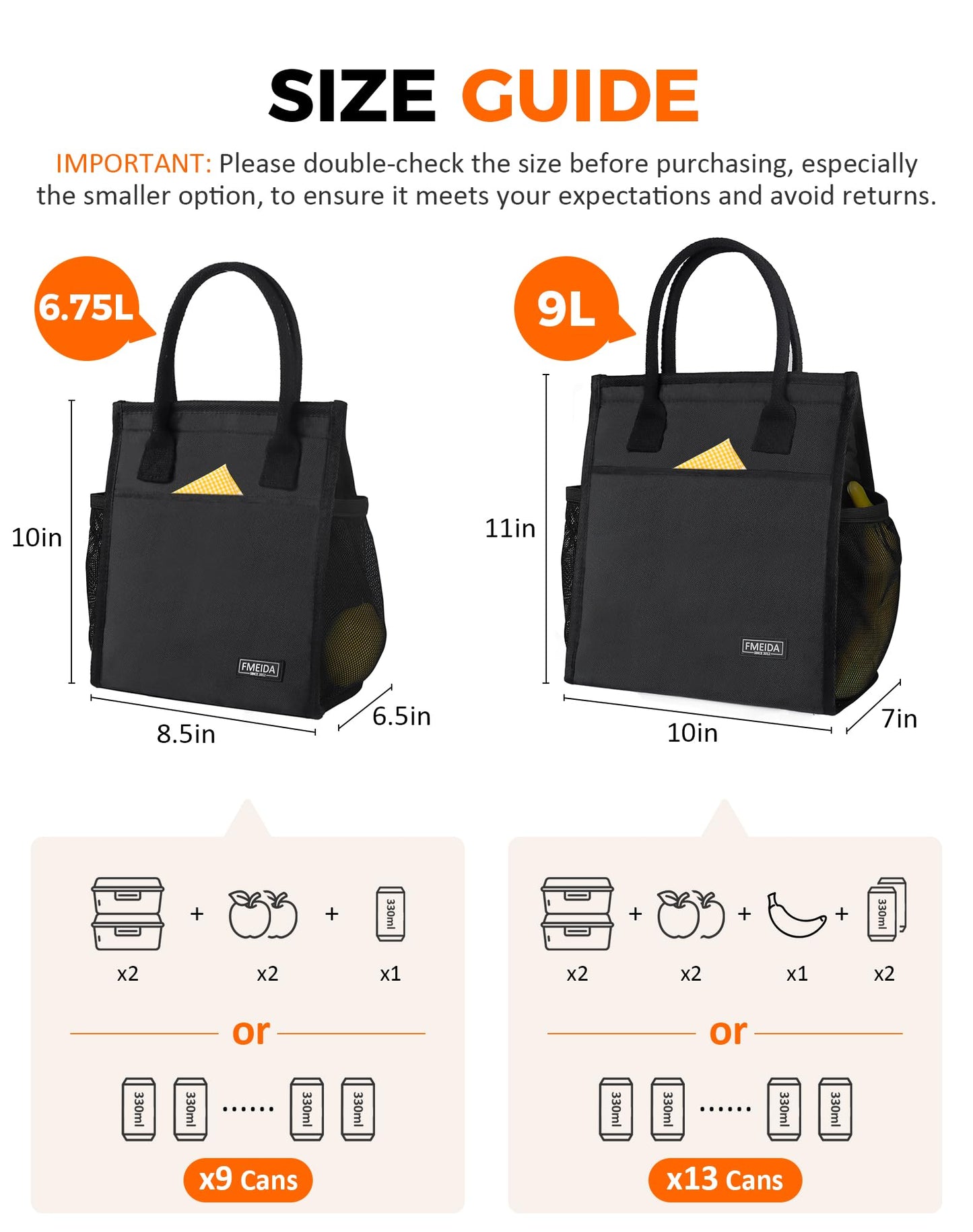 Fmeida Insulated Lunch Bag Women Men, 9L Large Lunch Bags with Multiple Pockets, Reusable Thermal Cooler Tote for Work, Office, Picnic, Travel | Hook and Loop Closure, Black