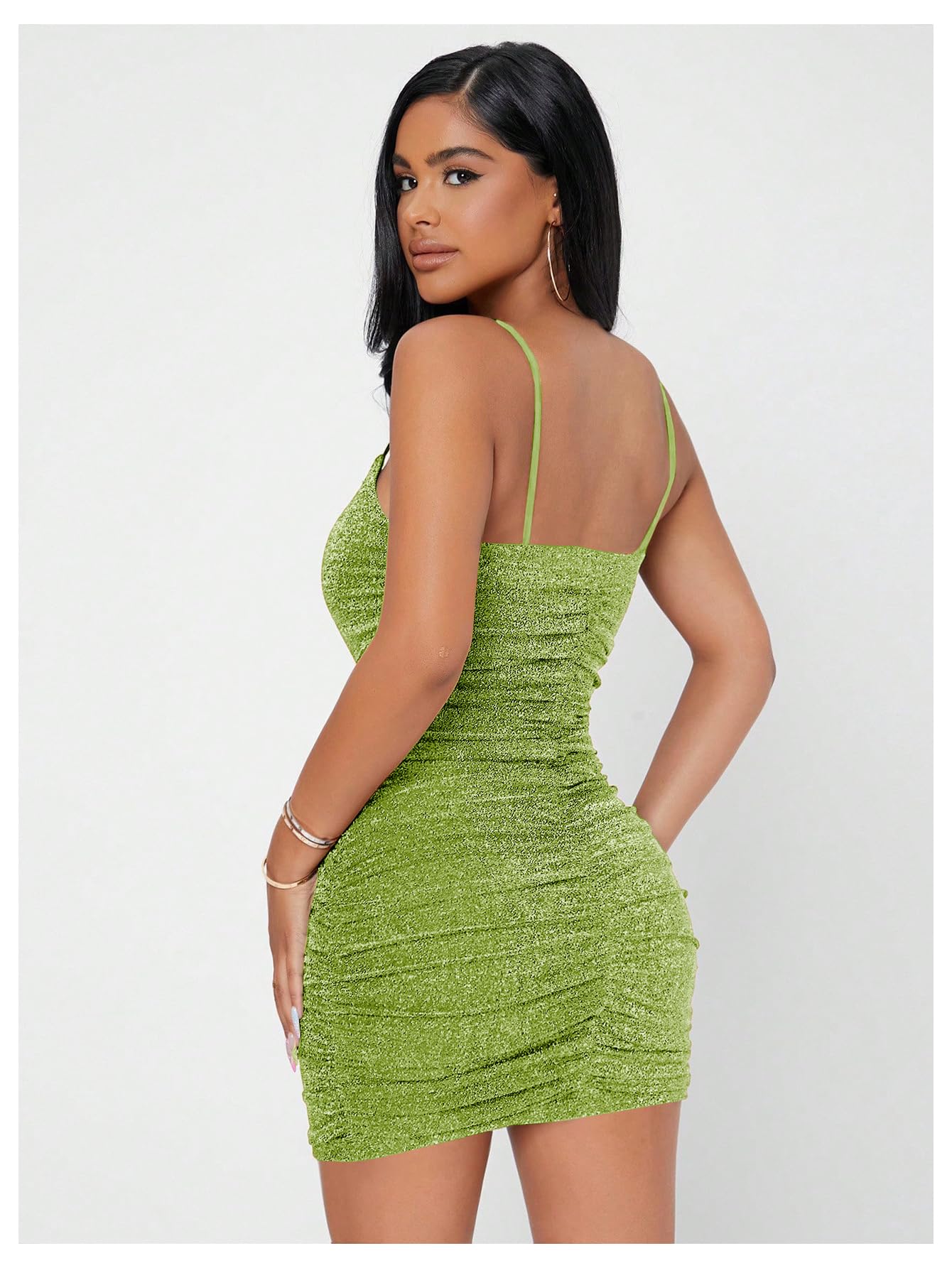 Floerns Women's Glitter Sleeveless Ruched Party Clubwear Bodycon Mini Dress Light Green Small