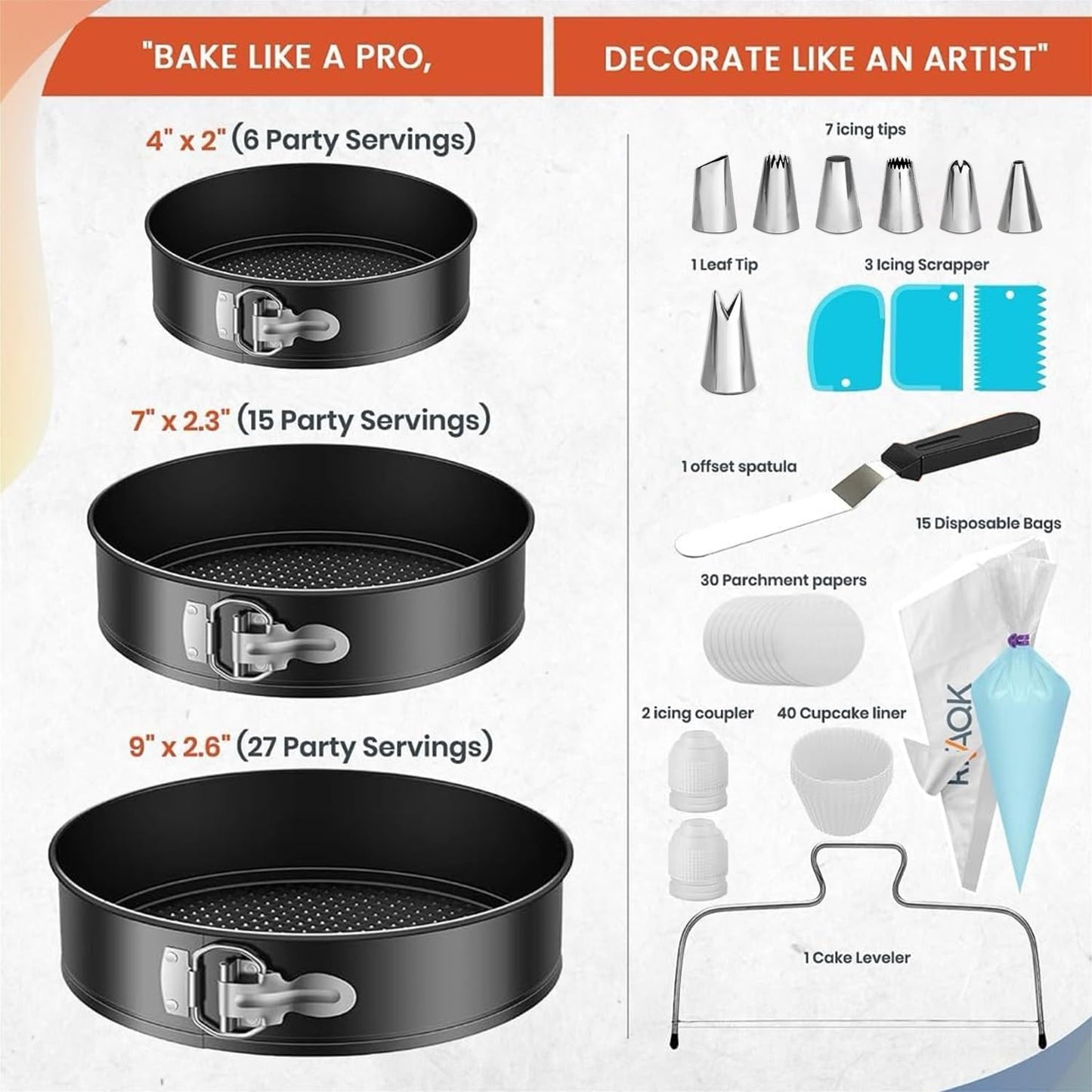RFAQK Cake Tins for Baking 100 Pcs Springform Cake Tins Kit Includes 3 Round Non-Stick Cake Pan (4,7,9 inches Baking Tins)-Piping Bags and Nozzles-Leveler–Leak Proof Cheesecake Tin-Bakeware & EBook…