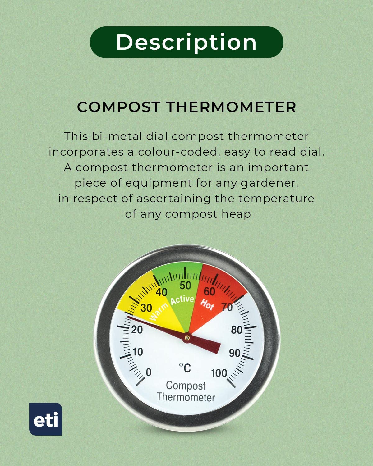 Compost Thermometer - Stainless Steel Probe - Colour Coded Temperature Guide - 50mm Dial and 500mm Stem - Home Gardening Tool