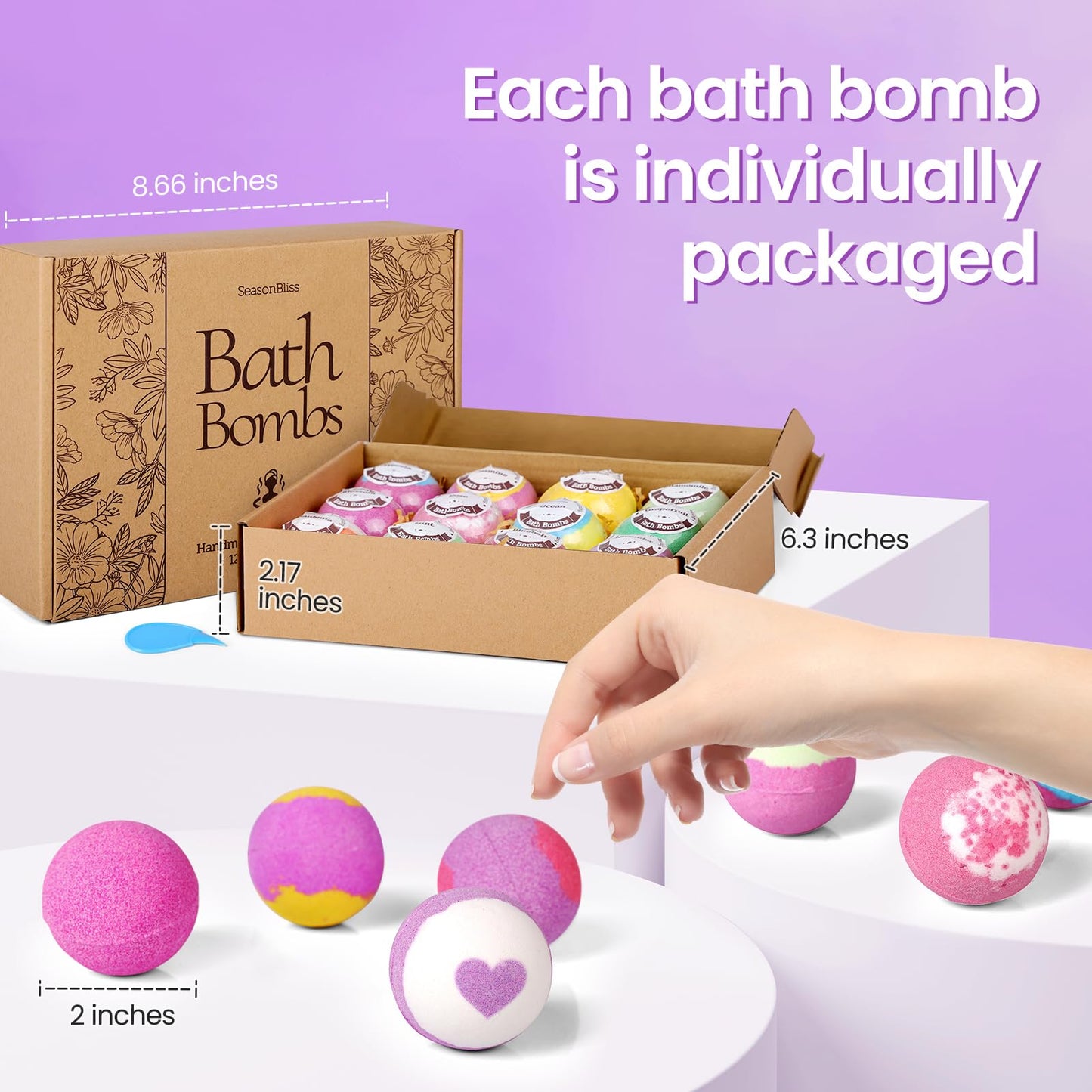 SeasonBliss Bath Bombs for Women, 12 Pack Handmade Bubble Shower Bombs Set, Shea Butter & Individually Wrapped, Present Idea for Her/Him, Wife, Mom Women