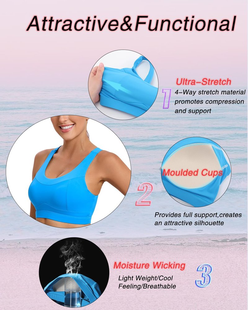 RUNNING GIRL High Impact Sports Bras for Women,Racerback Running Bra Workout Crop Tank Tops Longline Sports Bra Push up(WX2667 Bright Blue L)