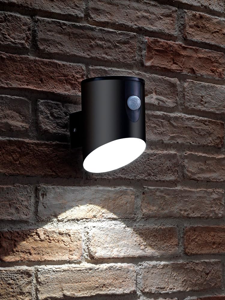 Auraglow Outdoor Battery Powered Wireless LED PIR Motion Sensor Security Wall Light IP44, Cool White Cylinder Sconce for Porch, Garage, Drive and Garden (Black)