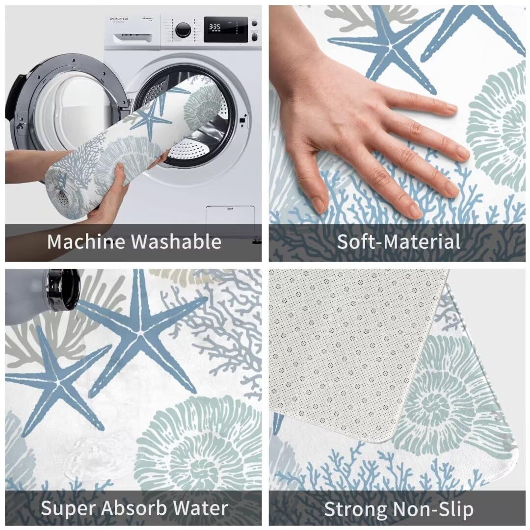 Coastal Beach Bath Mats for Bathroom,Nautical Ocean Seashells Starfish Absorbent Bath Rug Non-Slip Floor Rug Carpets Door Mat Washable Area Rugs for Bathroom Laundry Bedroom Living Room Kitchen,Blue