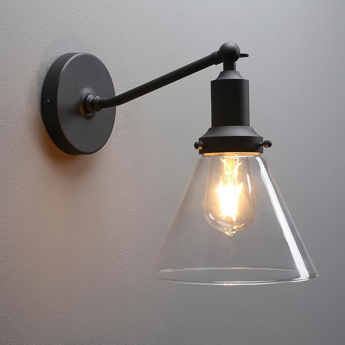 PERMO Industrial Vintage Slope Pole Wall Mount Single Sconce with Funnel Flared Clear Glass Shade Wall Sconce Light Lamp Fixture (Black)