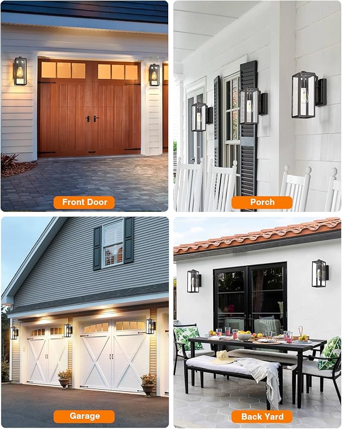 VIANIS Outdoor Wall Lights Dusk to Dawn, Large Exterior Light Fixture Wall Mount for House Front Porch Light, Black Anti-Rust Modern Outside Wall Sconces with Tempered Glass Shade for Garage