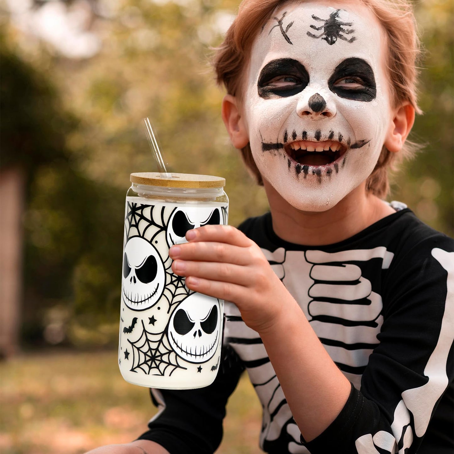 Joyseller Halloween Iced Coffee Can Glass, 18oz Nightmare Halloween Cup with Lid and Straw, Spooky Season Glass Tumbler for Fall Gifts