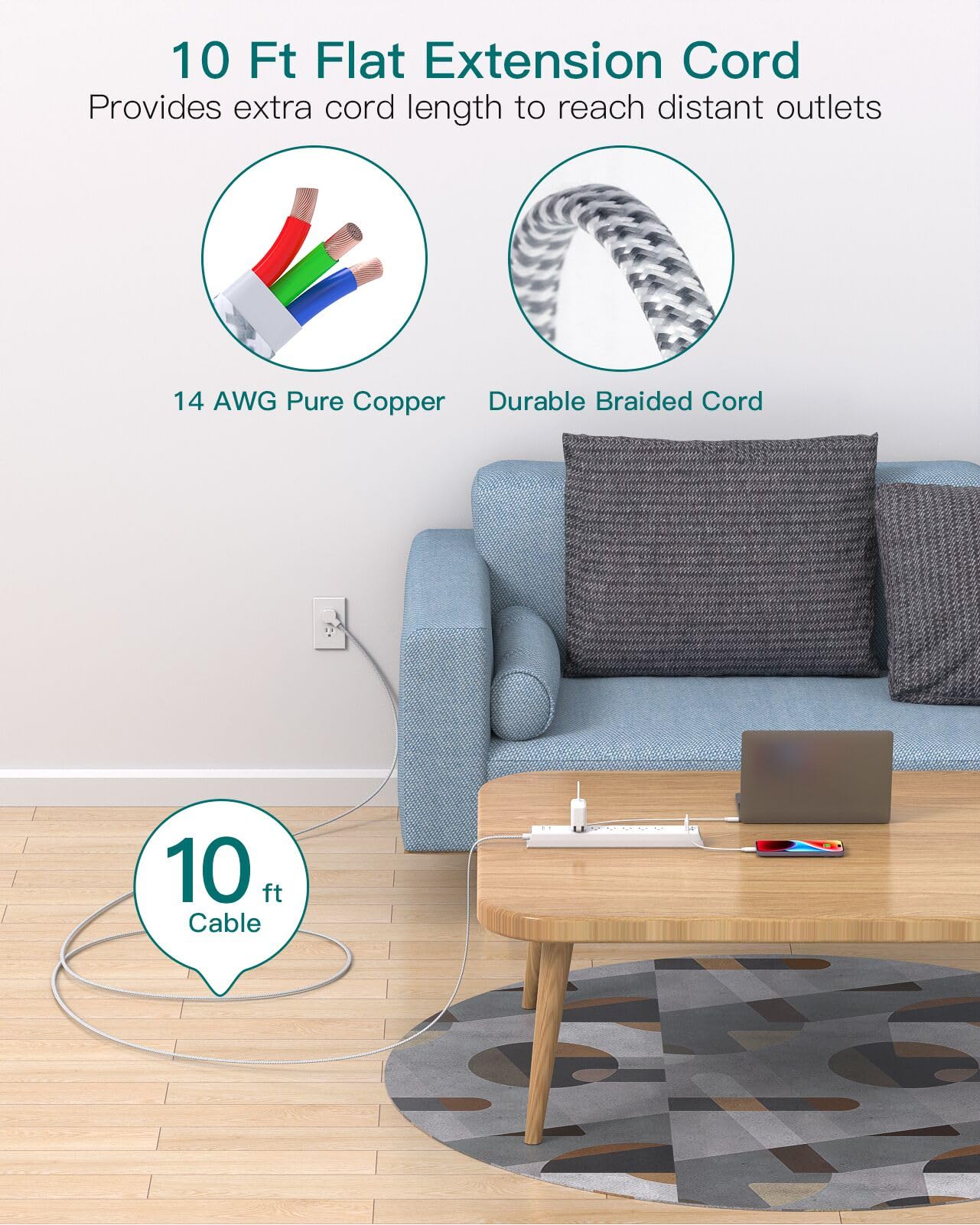 Extension Cord 10 ft - Long Power Strip Surge Protector, 6 AC Outlet 4 USB (2 USB C), Flat Plug, Wall Mount, Multi Plug Outlet Extender Desk Charging Station for Home Office Dorm Room Essentials