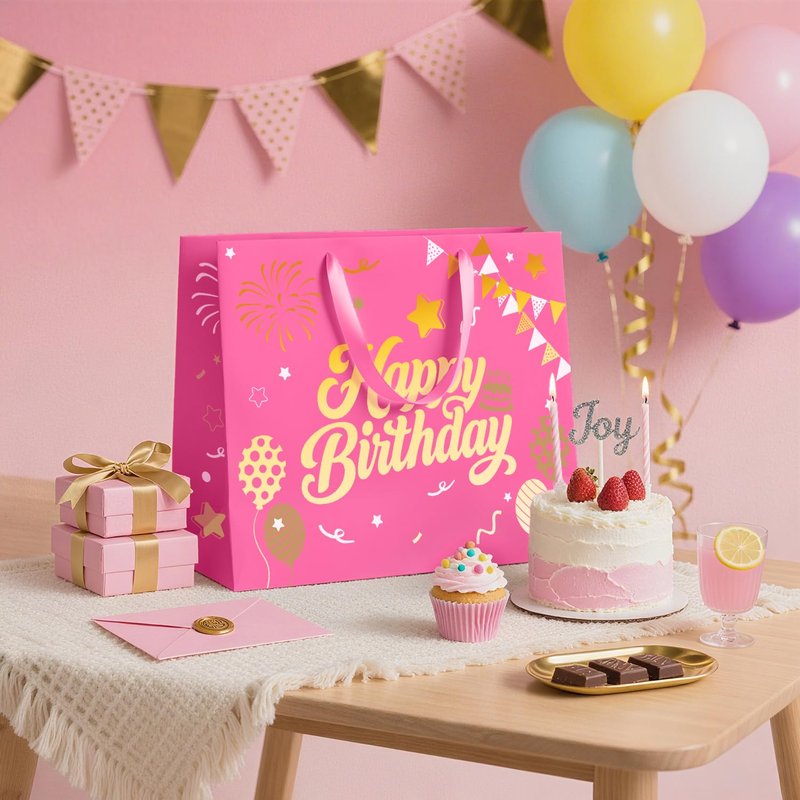 13” Pink Birthday Gift Bag with Tissue Paper and Greeting Card, Happy Birthday Gift Bags for Party, Hot Foil Stamping Design Gift Wrap Bags Decor for Women and Kids, 1 PCS, Medium Size