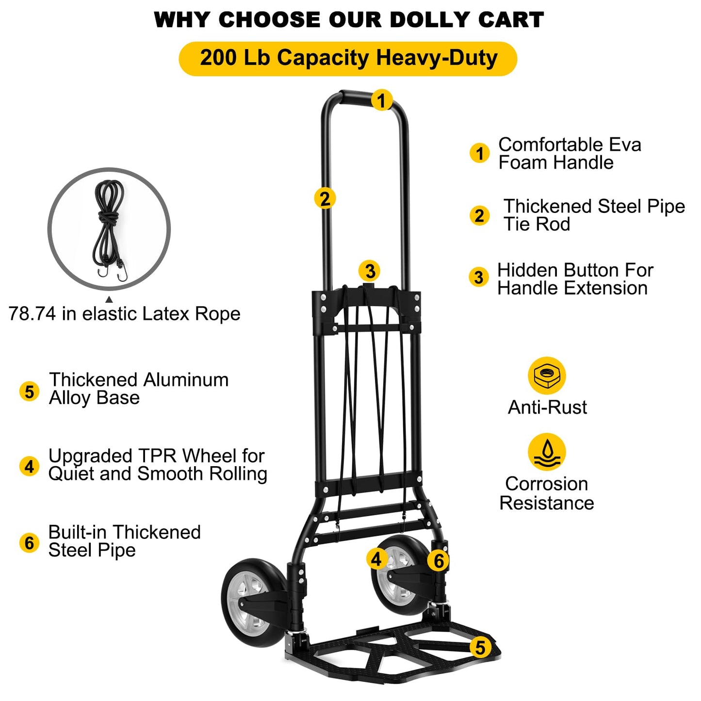 Folding Hand Truck and Dolly, 200 LB Capacity Upgraded Aluminum Dolly Cart, Extended Handle Portable Hand Truck for Travel, Moving, Shopping, Office Use, Black