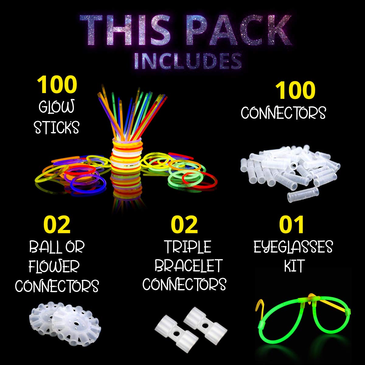 Glow Sticks Party Packs – 100 Glow in the Dark Party Supplies - Bracelets-Eye Glasses-Necklaces – Neon & Festival Accessories –Halloween Decorations- Kids Party Favors & Bag Fillers – 205 PCS
