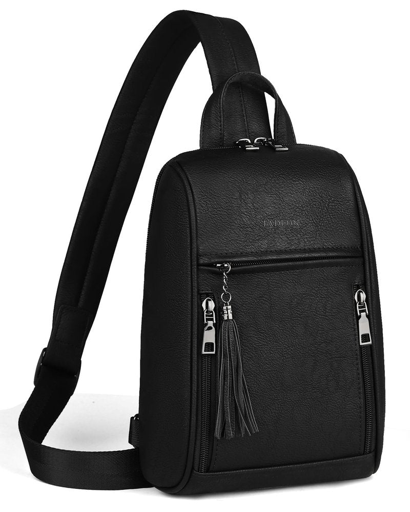 FADEON Sling Bag for Women, Crossbody Backpack with Tassels, Designer Leather Shoulder Chest Bags for Travel