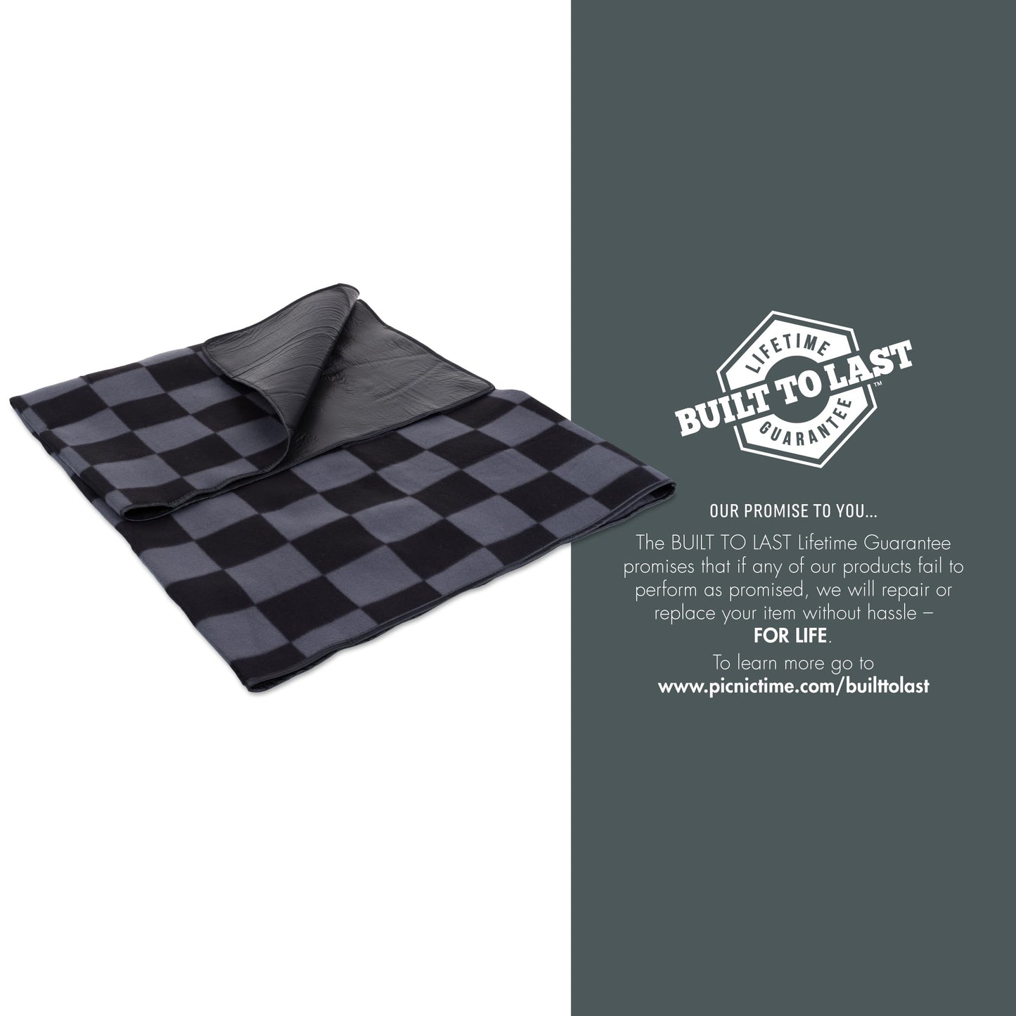 Picnic TIME Outdoor Picnic Blanket Tote, 59"x51" Foldable Beach & Camping Blanket with Soft Fleece, Water-Resistant Bottom, Adjustable Strap & Zippered Pocket (Black Checkers)