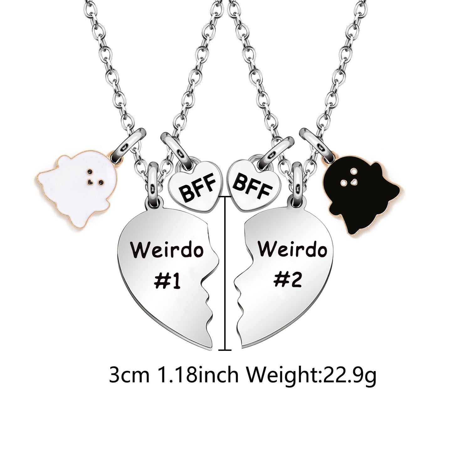 Halloween Friendship Gifts, Weirdo 1 Weirdo 2 "I hope we're BFF until we die. Then we stay ghost besties" 2psc Set Split Heart Pendant Necklaces Halloween BFF Gift for Best Friend (Ghost Friend)
