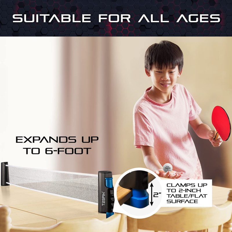 T2Spin Premium Retractable Ping Pong Net for Any Table - Portable Table Tennis Net -Ping Pong Net with Clamps -Table Tennis Accessories - Comes with Large Storage Bag